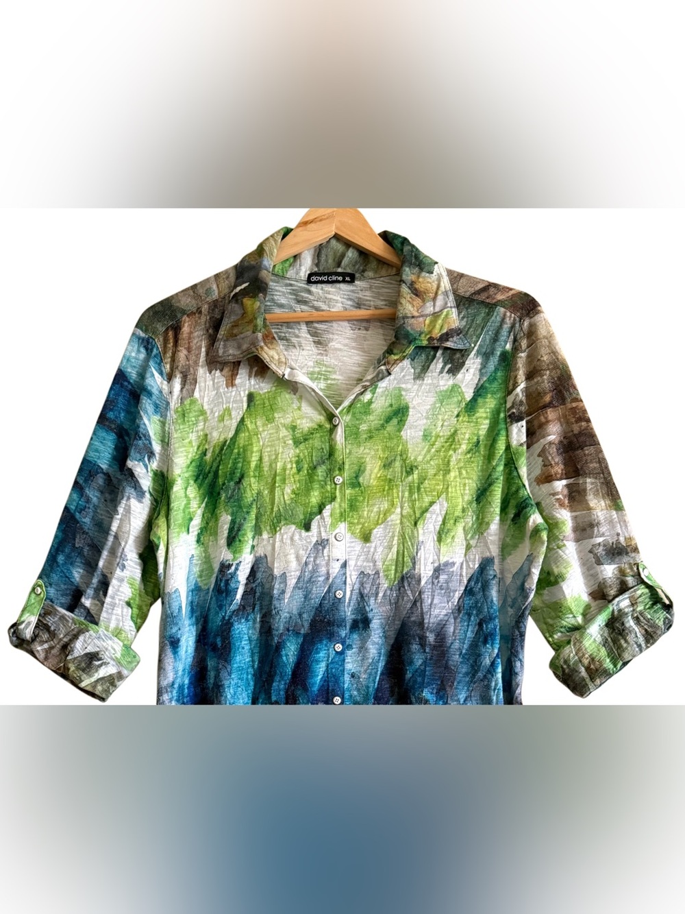 DAVID CLINE Abstract Colorful Art-To-Wear Lightweight Casual Artsy Blouse Sz XL - Picture 2 of 9